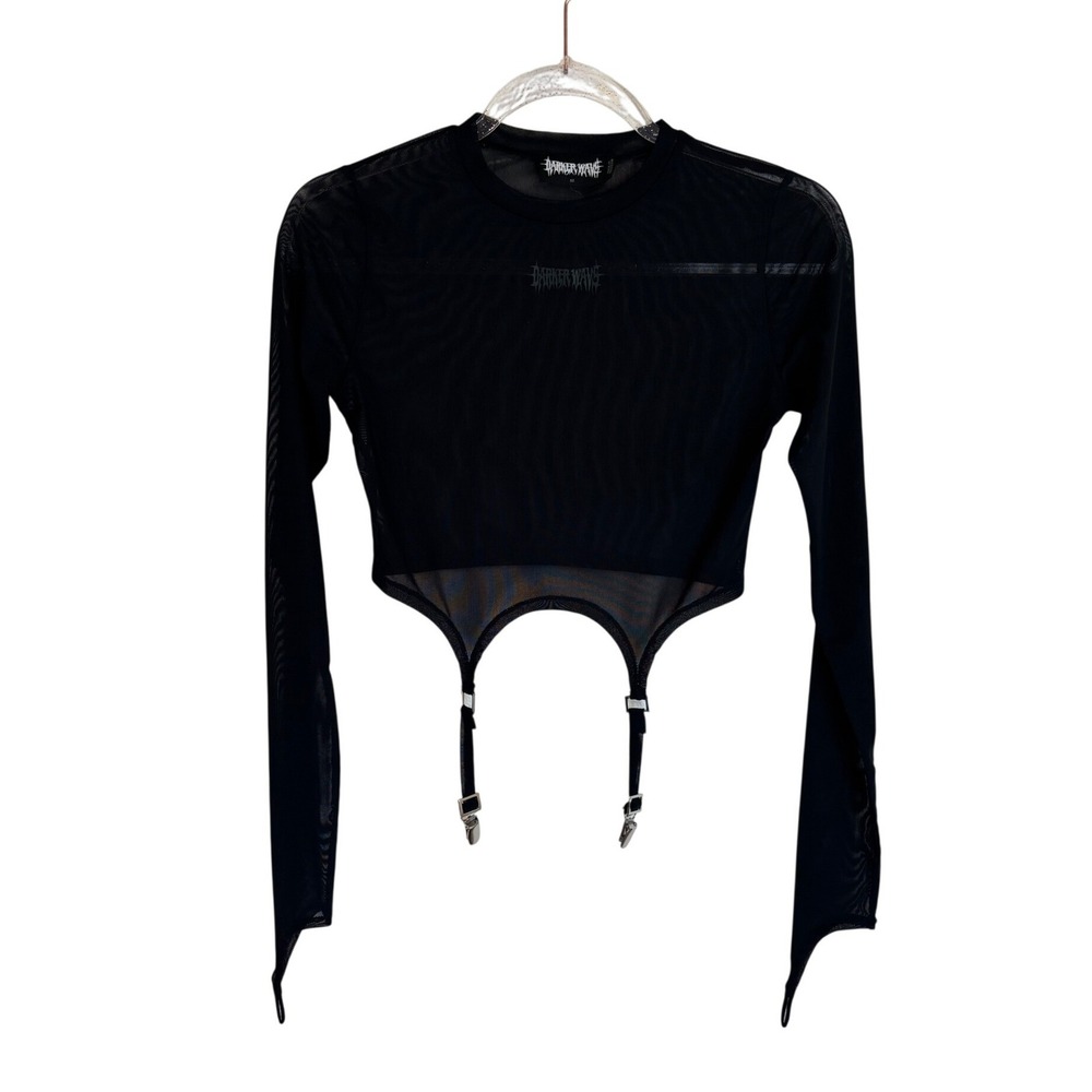 Dolls Kill Darker Wavs Mesh Garter Crop Top Women Sz S Black Long Sleeve Goth